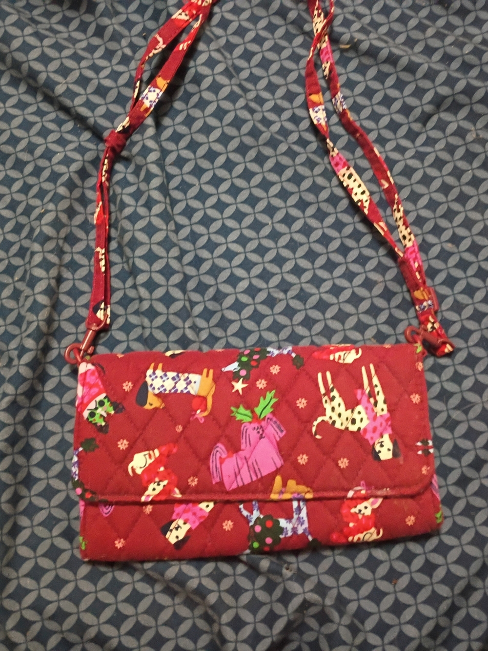 Quilted Red Crossbody Bag with Dog Print